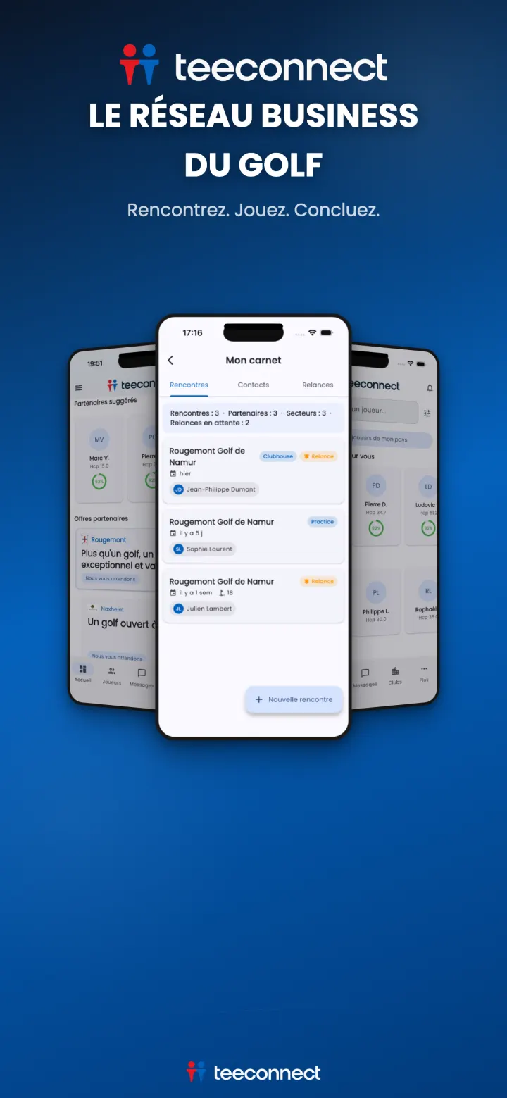 Application TeeConnect — le réseau business du golf : carnet de rencontres et partenaires suggérés