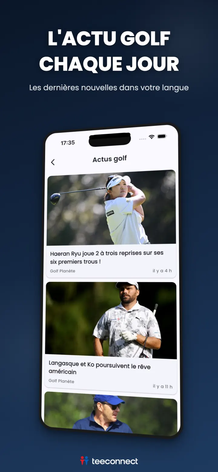 Fil d'actualités golf dans l'application TeeConnect