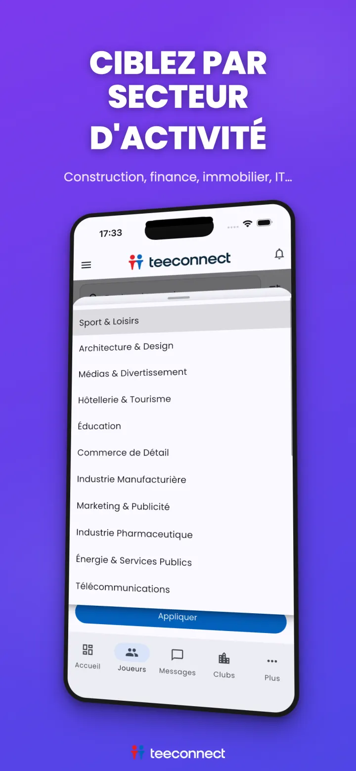 Recherche de partenaires de golf par secteur d'activité dans l'application TeeConnect